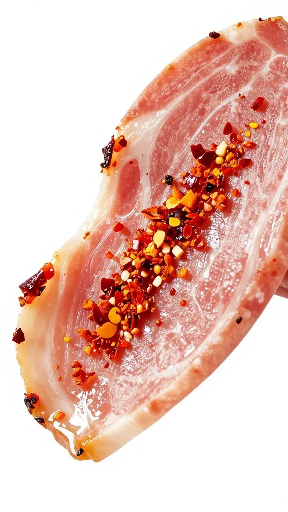 closeup ham bite sprinkled with chili flakes, studio light