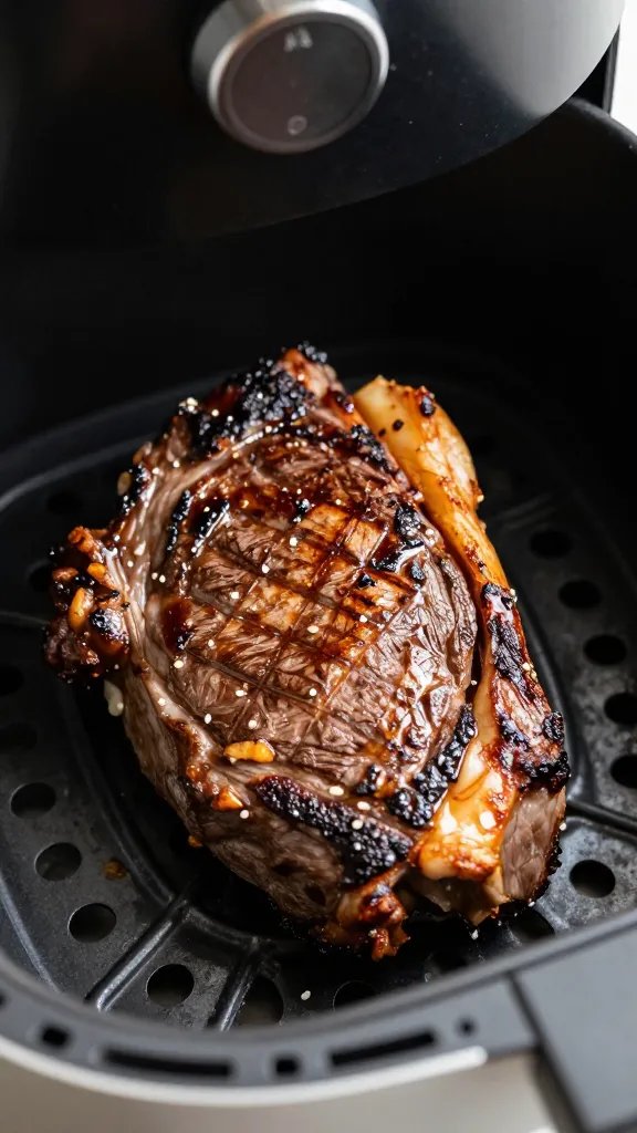 closeup of air fryer basket with seared beef roast