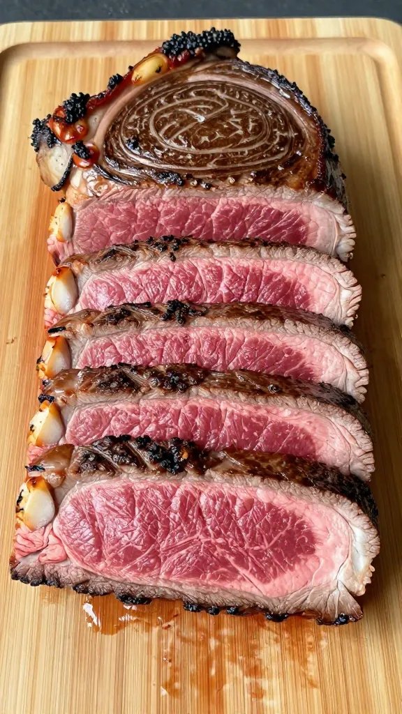 sliced medium-rare top sirloin on carving board