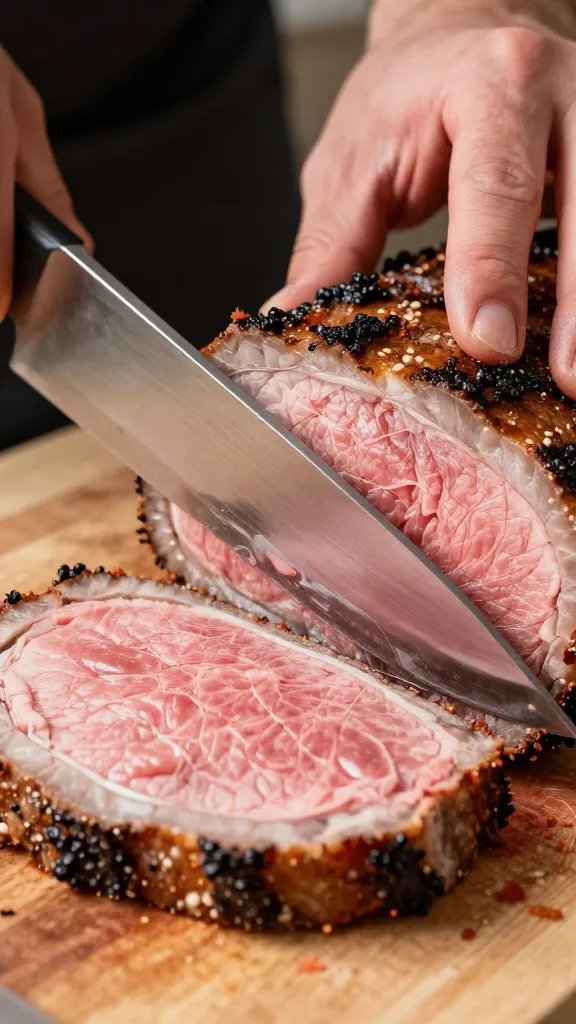 carving knife gliding through pink roast beef