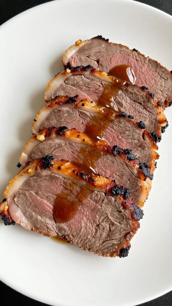 single plate of thin-sliced roast beef with juices