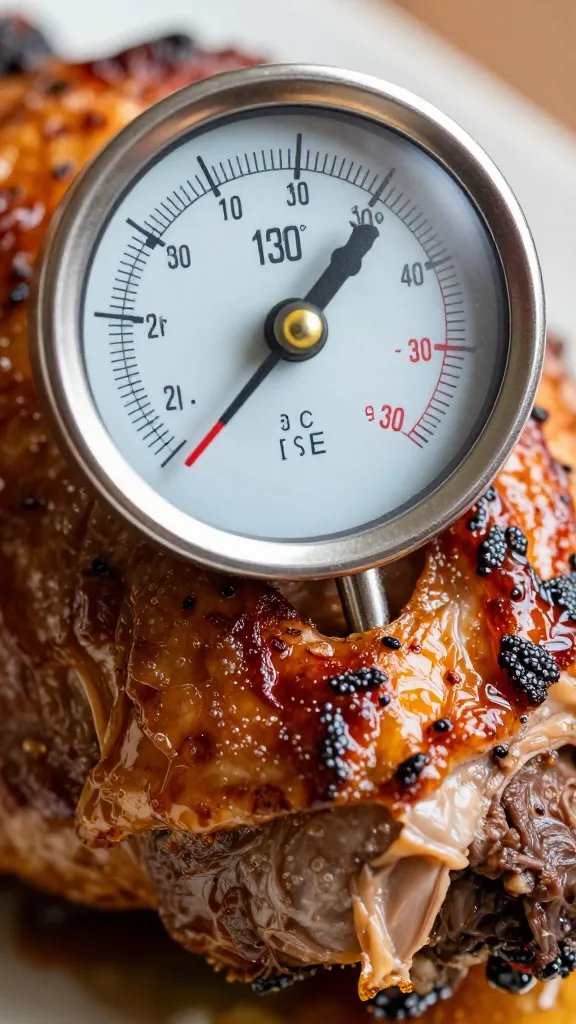 meat thermometer reading 130°F inserted in roast