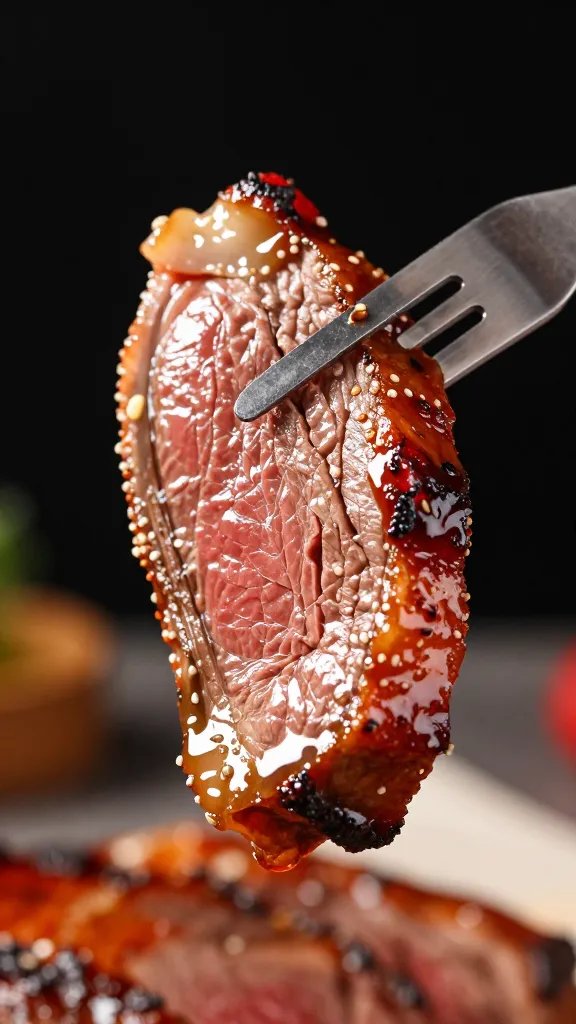 glossy roast beef slice held by carving fork