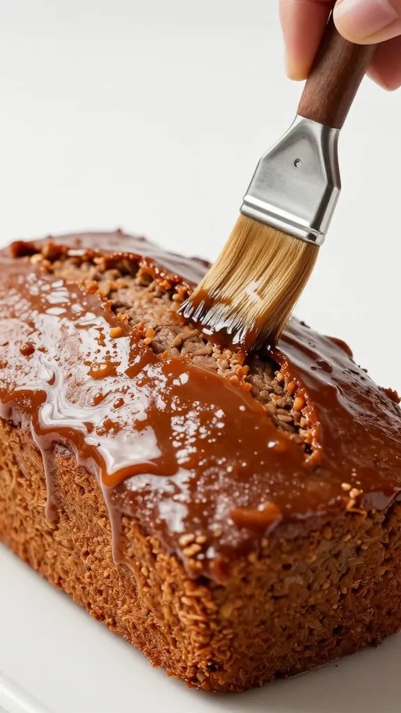 glossy sweet glaze being brushed on meatloaf loaf