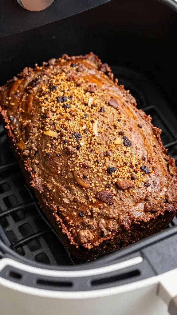 browned meatloaf top in air fryer basket, closeup