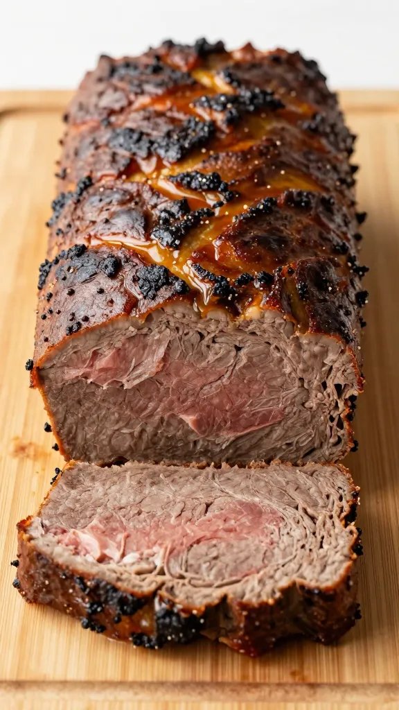 juicy meatloaf cross-section on carving board