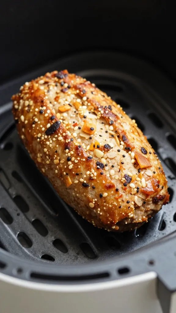 single mini meatloaf in air fryer tray, closeup