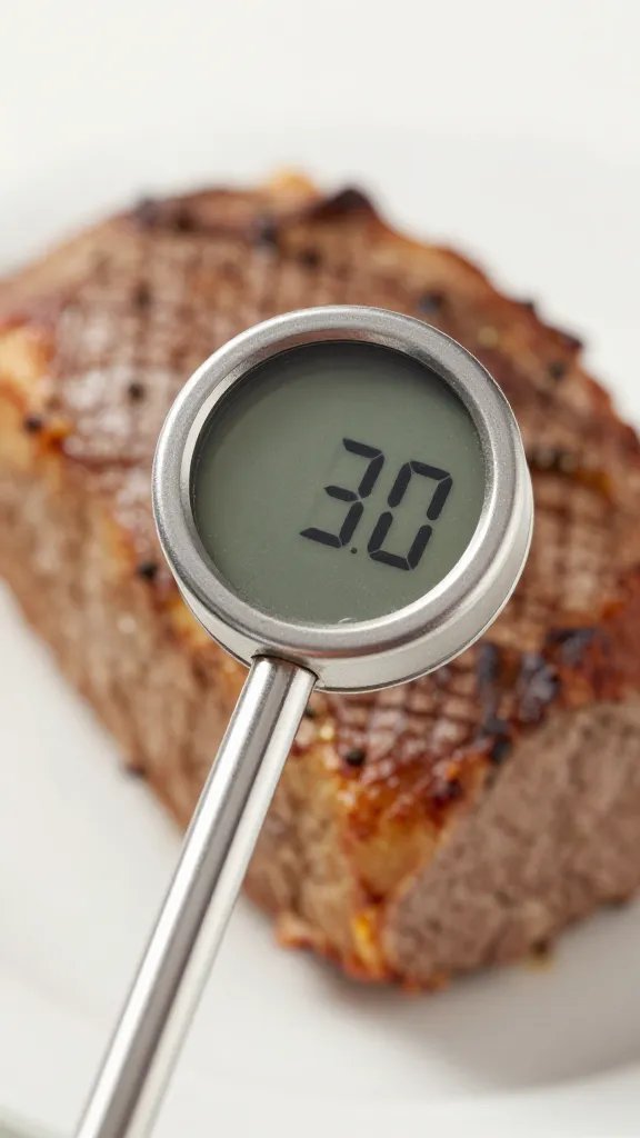 thermometer probe in meatloaf center, temperature display