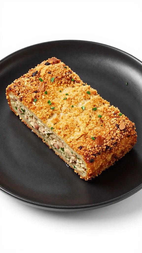 parsley-dusted meatloaf slice on matte black plate