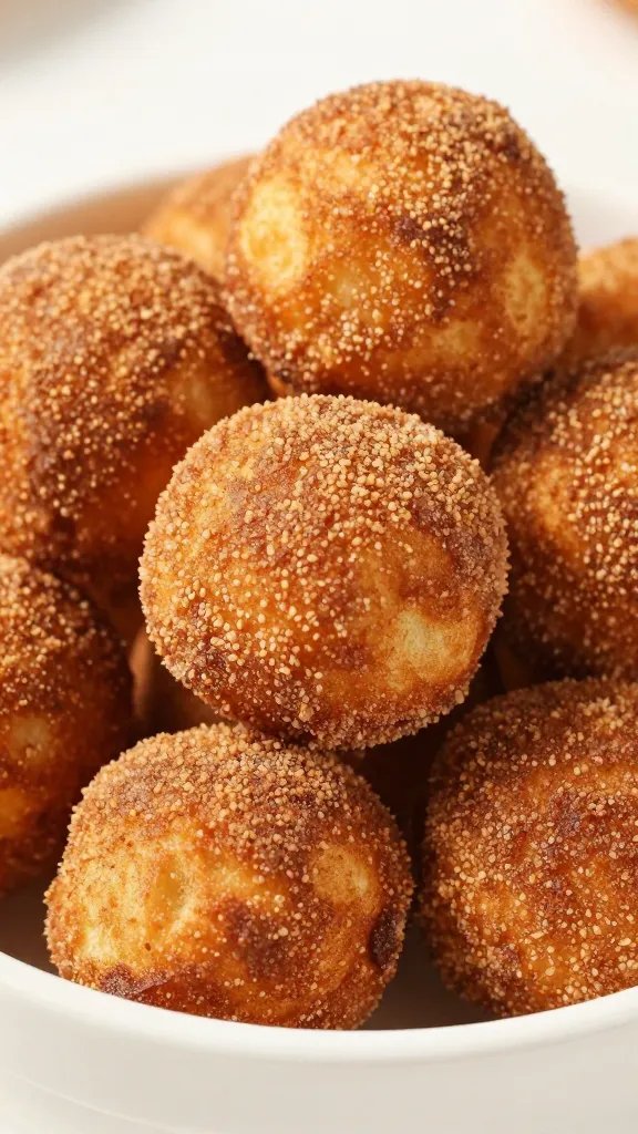 closeup of cinnamon sugar churro bites in white bowl