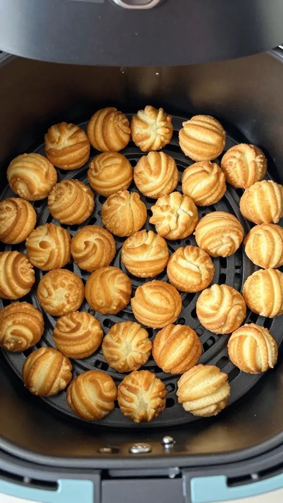 air fryer basket holding golden churro bites, overhead