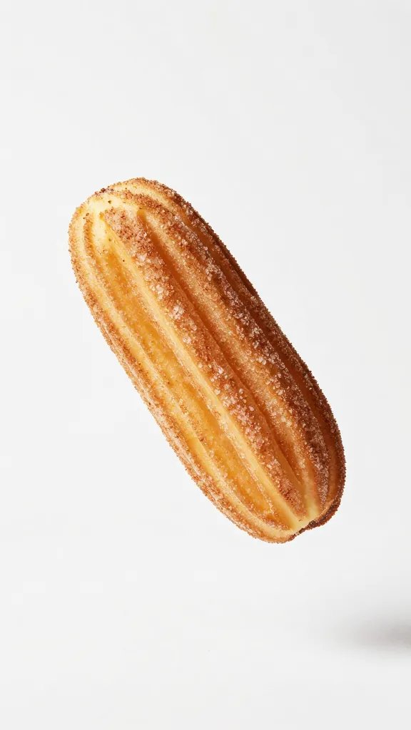 churro bite dusted mid-air with cinnamon sugar