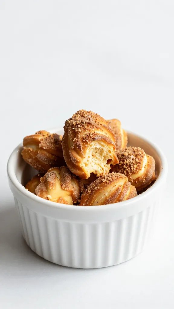 small ramekin of cinnamon sugar with churro bite