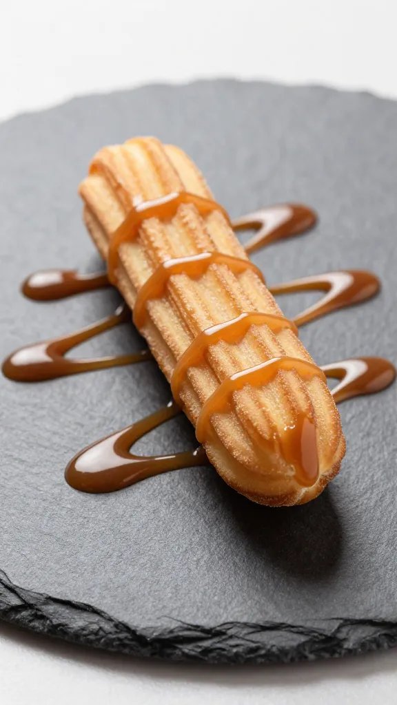 churro bite drizzled with caramel on matte slate plate
