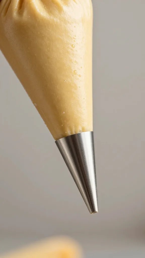 piping bag tip extruding churro dough, macro shot
