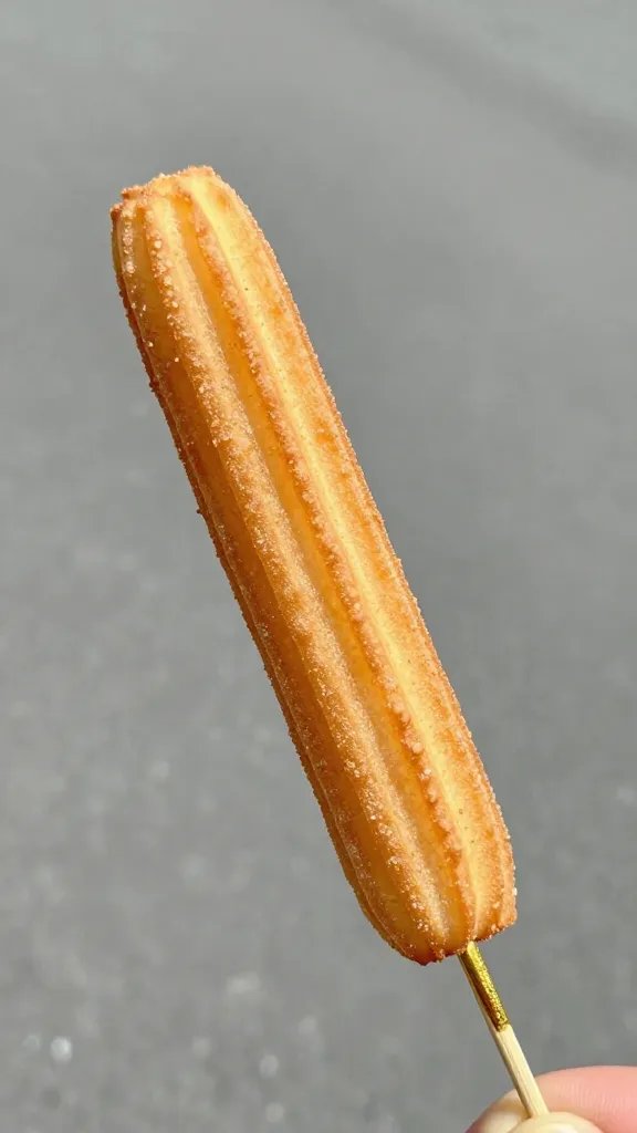 single churro bite skewered on gold cocktail pick