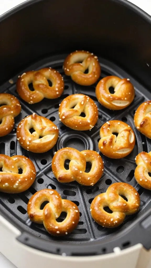 closeup of golden pretzel bites in air fryer basket