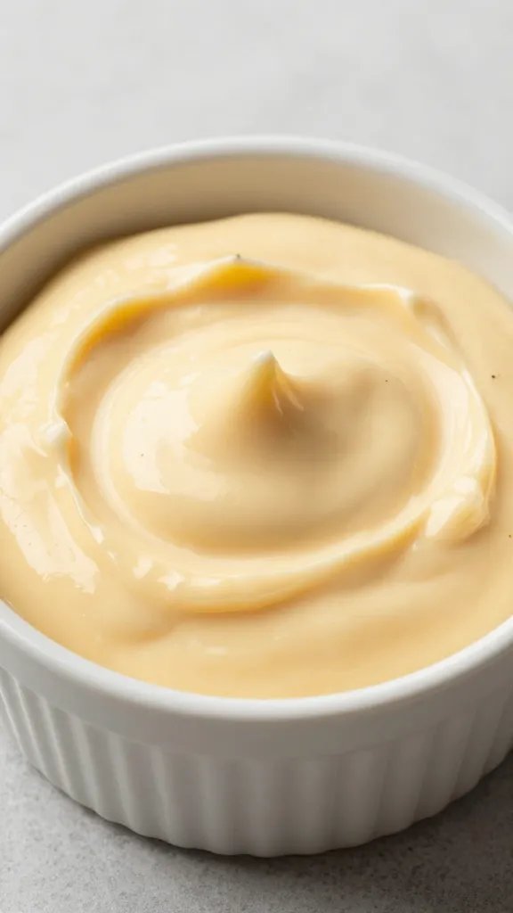 single ramekin of warm beer cheese dip, glossy surface
