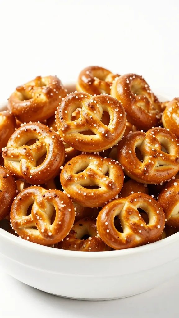 white ceramic bowl overflowing with salted pretzel bites