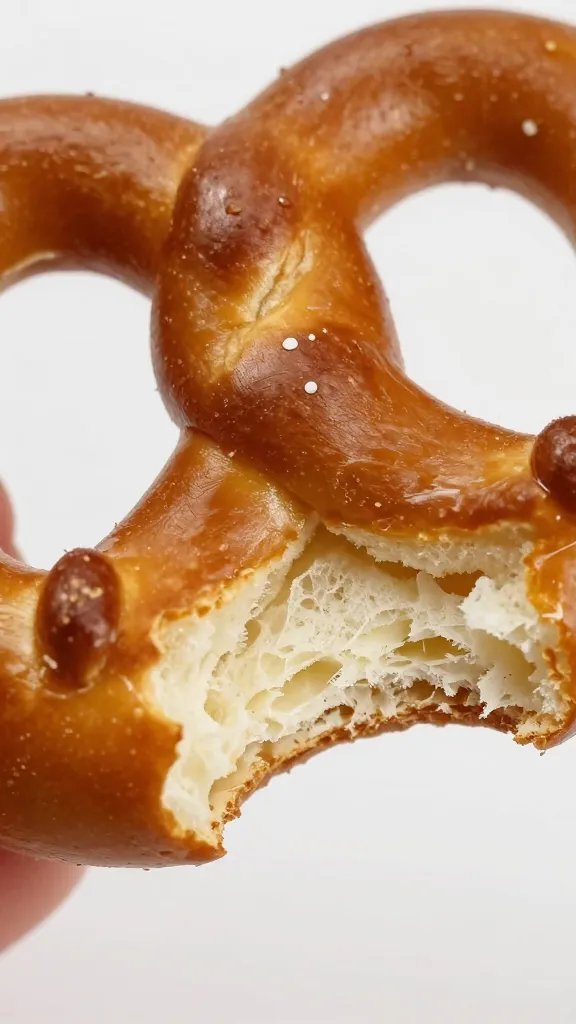 macro shot of pretzel bite torn open, pillowy crumb