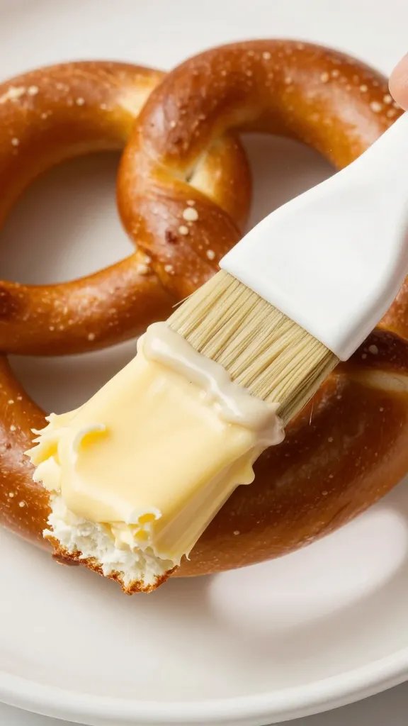 closeup of pretzel bite being brushed with butter glaze