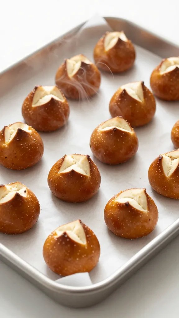 parchment-lined tray with steaming pretzel bites, shallow focus