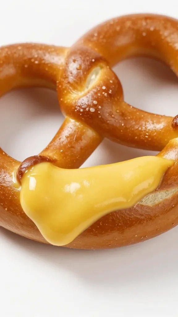 closeup of pretzel bite dipped halfway in yellow mustard