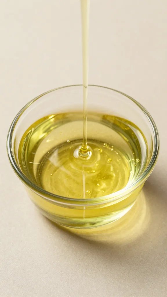 neutral oil drizzle in glass ramekin, top-down