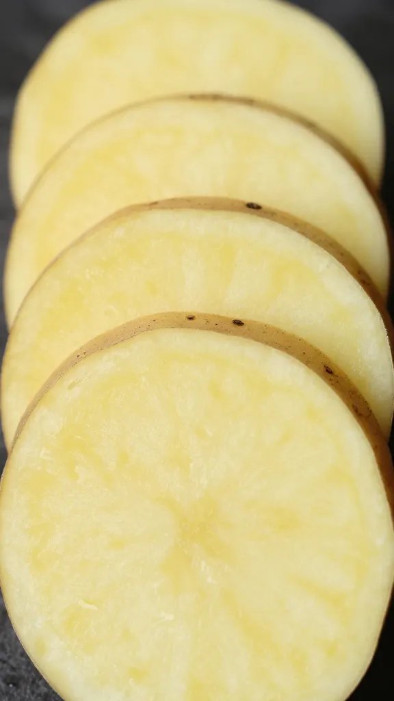 russet potato half, thin slices fanned, closeup
