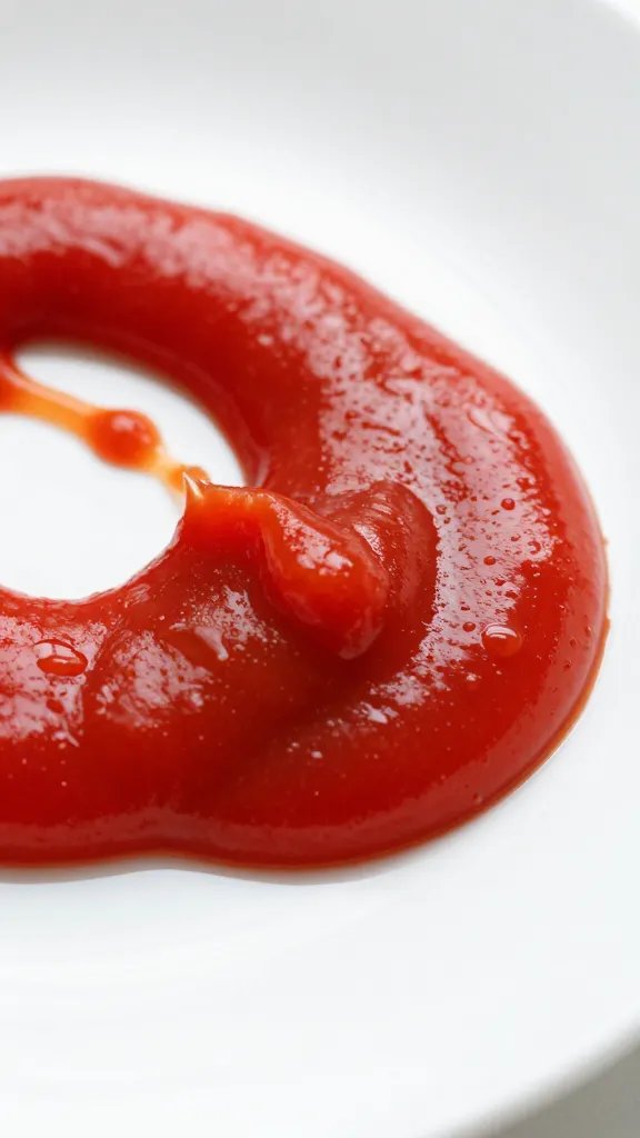 ketchup swipe on white plate, glossy closeup