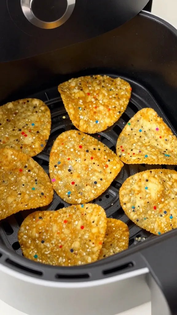 closeup air fryer basket with confetti corn chips
