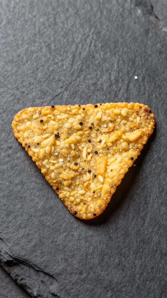 single confetti-dusted corn chip on slate background