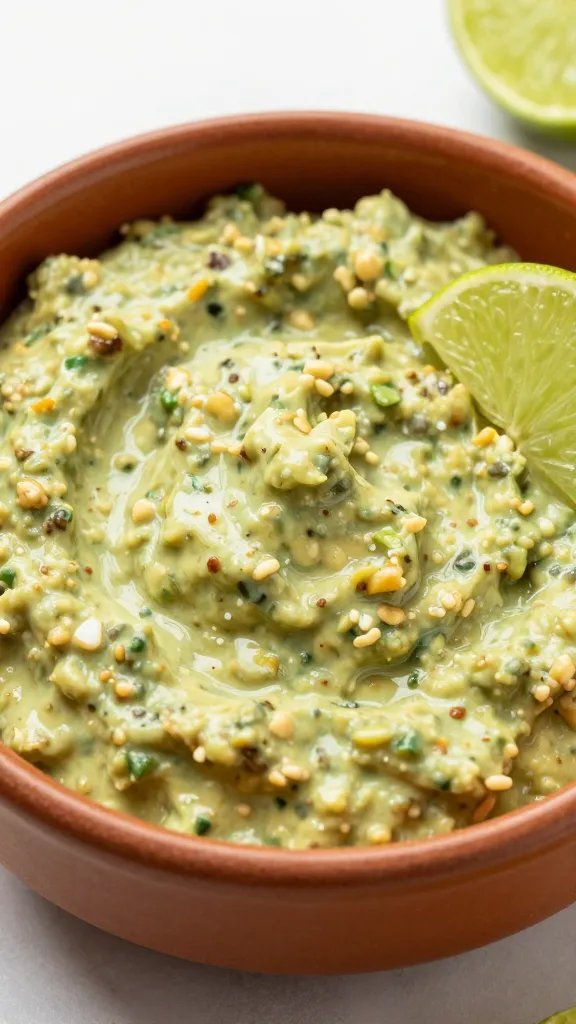 bowl of fiesta guacamole with lime wedge garnish