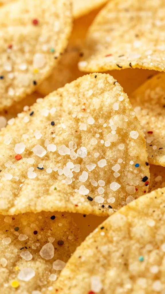 closeup salt crystals on confetti corn chip surface