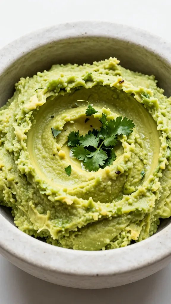 mortar of mashed avocado with cilantro, tight shot