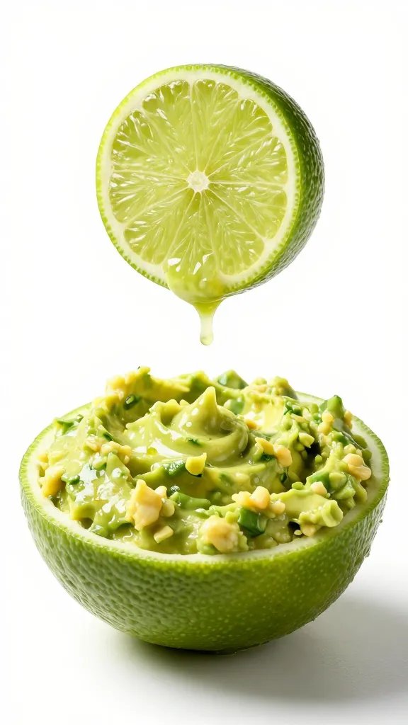 lime half squeezed over guacamole, drip frozen midair