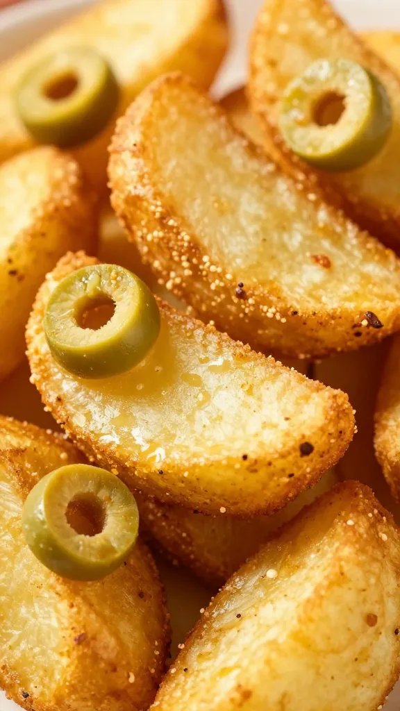 closeup of golden air-fried potato wedge with olive eyes