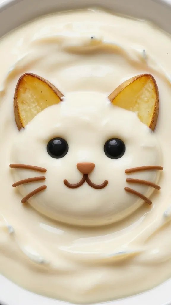 single potato wedge styled as cat face, creamy dip background
