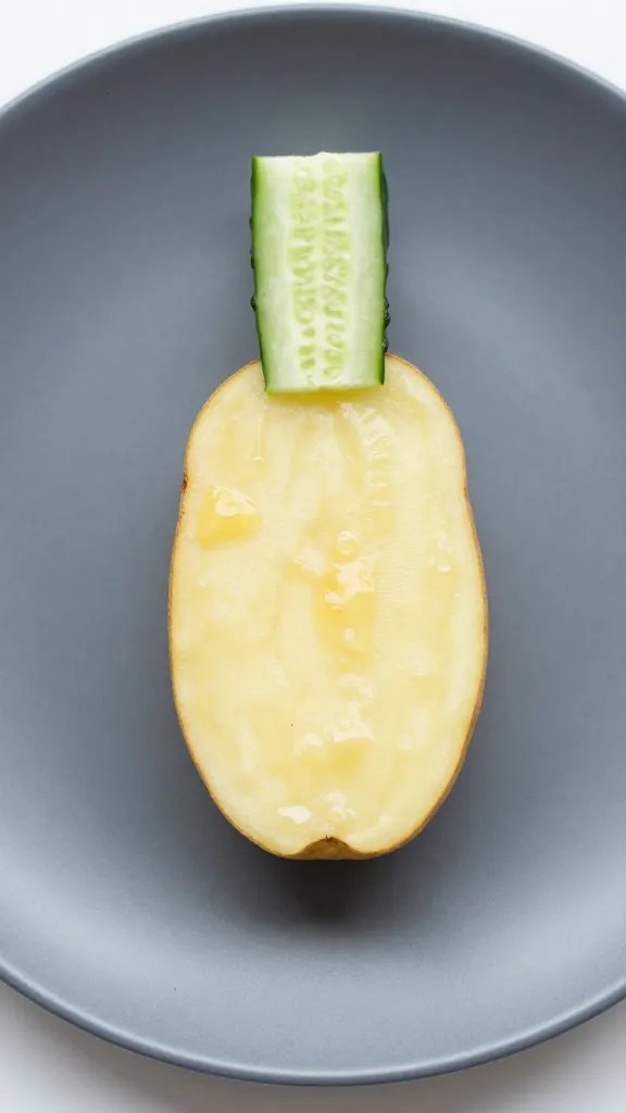 single potato wedge with cucumber ears on matte plate