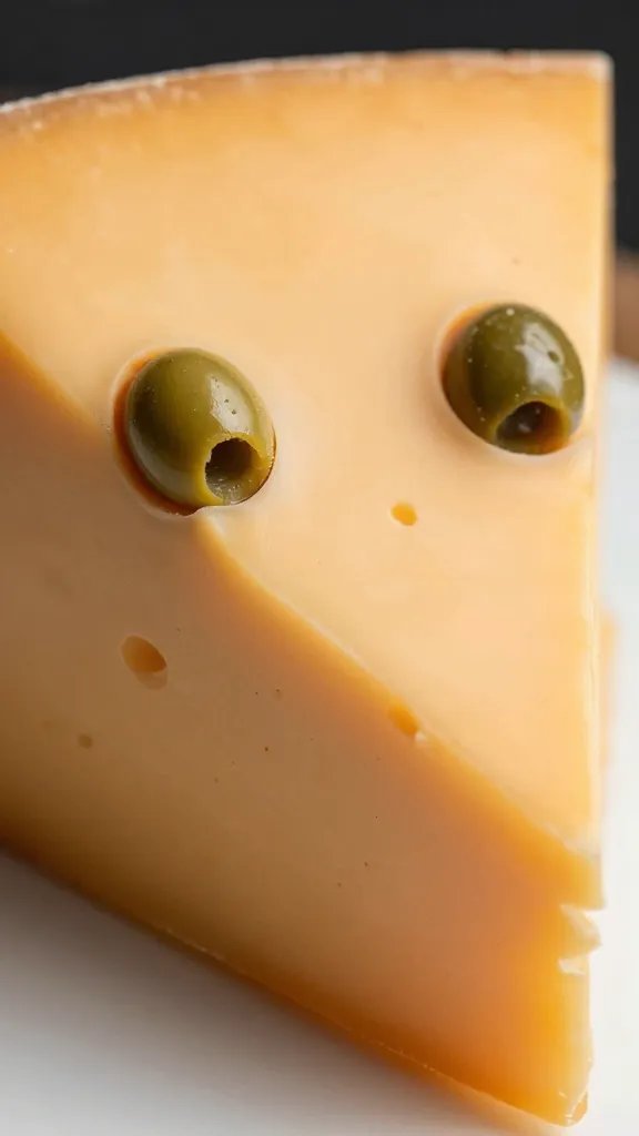 closeup of wedge with cheddar grin and olive pupils