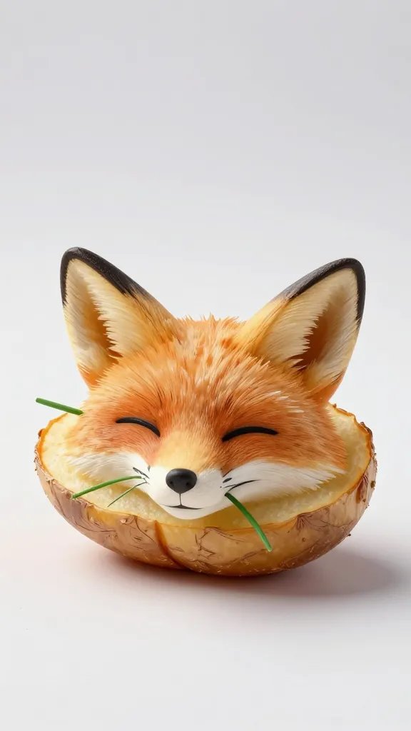 single fox-face potato wedge, chive whiskers, studio lighting