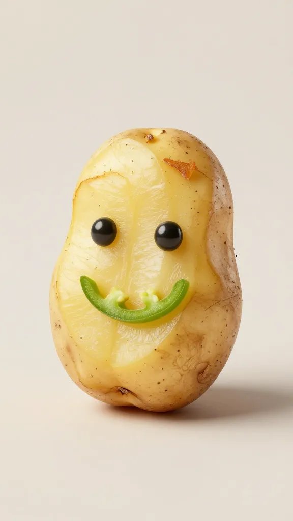 single potato wedge wearing jalapeño smile, neutral backdrop