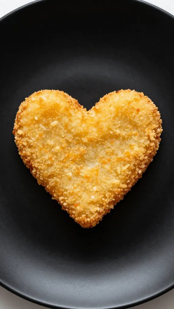 single heart-shaped fry on matte black plate, closeup