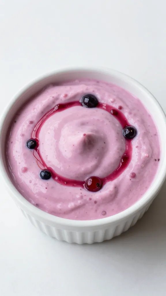ramekin of jewel-toned berry yogurt dip, overhead