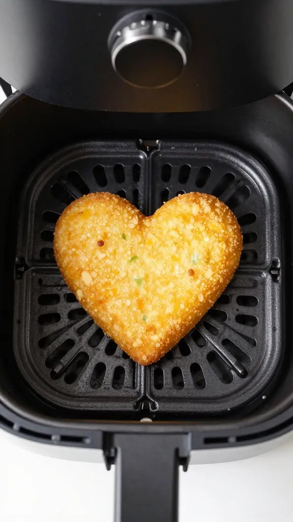air fryer basket with one golden heart fry, macro