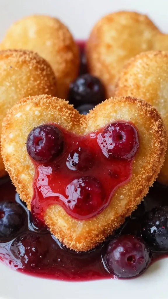 heart fry dipped halfway in berry sauce, closeup