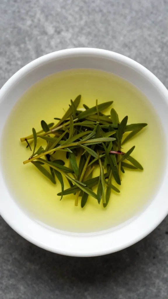 small white bowl of herby-garlic oil, overhead