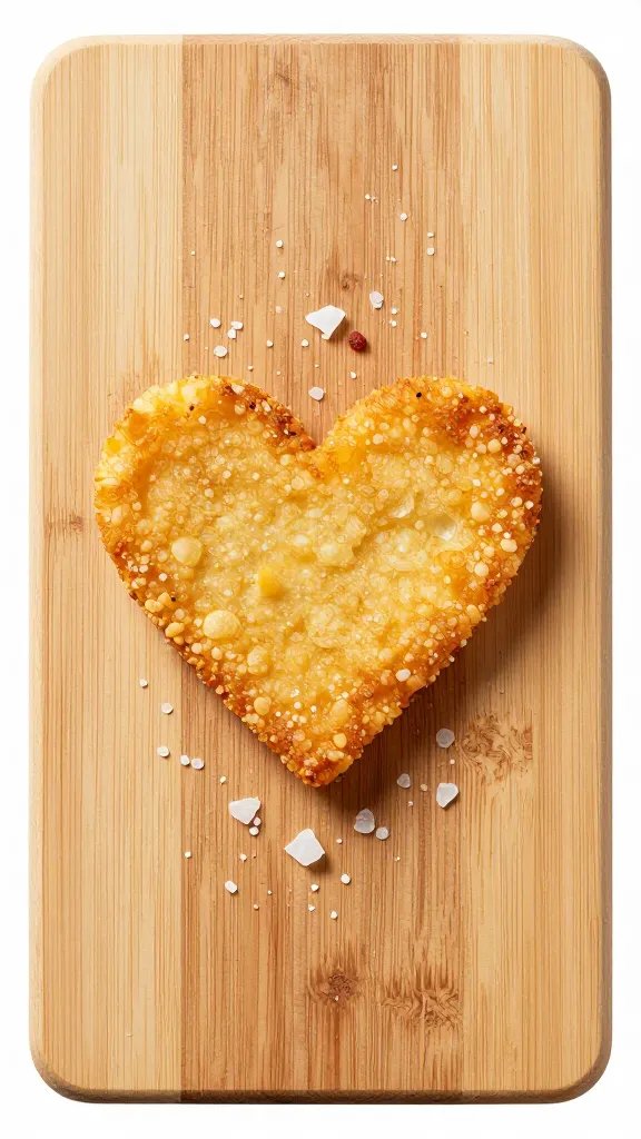 wooden board with single heart fry and salt flakes