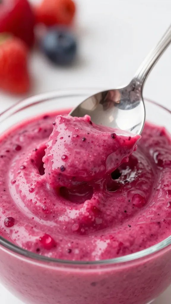 spoonful of vibrant berry dip, shallow depth of field