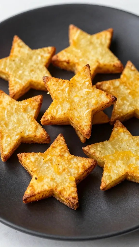 closeup star-cut russet potato crisp on matte black plate